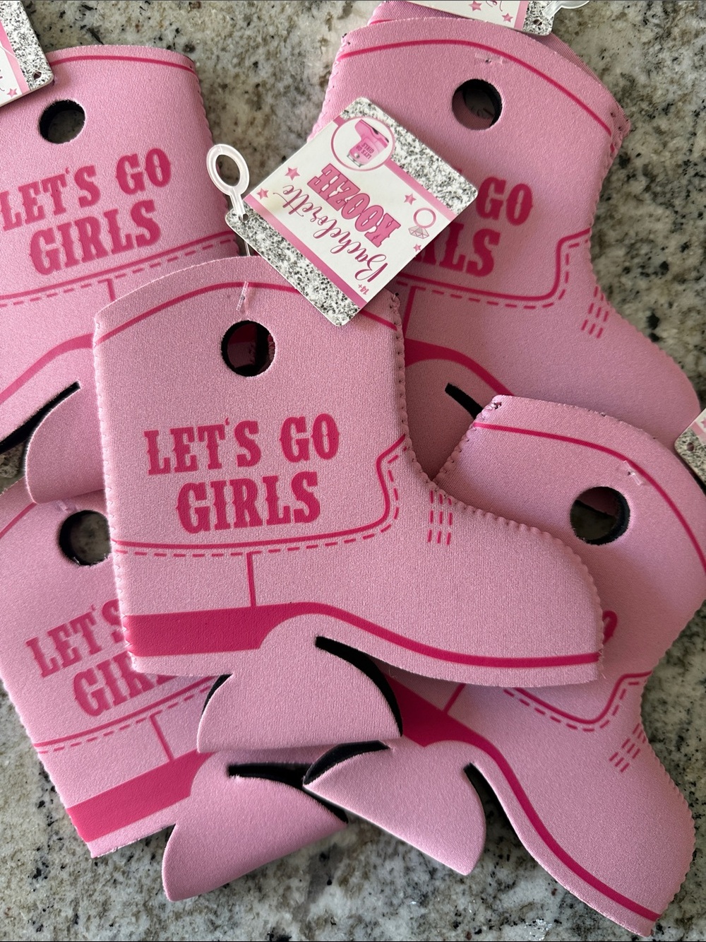 NWT Set of 6 Pink Cowboy Boot Bachelorette Koozies “Let’s Go Girls” Can Coolers